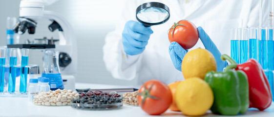 Scientist check chemical fruit residues in laboratory. Control experts inspect the concentration of chemical residues. hazards, standard, find prohibited substances, contaminate, Microbiologist
