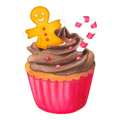 Vanilla cupcake with gingerbread man, candy cane and chocolate cream. Muffin in a red package. Watercolor illustration on a white background. Hand drawn. For postcards