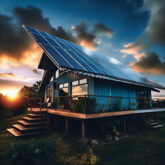 Fototapeta premium Solar panels on roof of the house renevable energy green power photovoltaic with sunlight at sunset