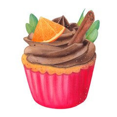 Vanilla cupcake with orange, pistachio sprig, cinnamon and chocolate cream. Muffin in a red package. Watercolor illustration on a white background. Hand drawn. For postcards
