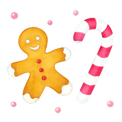 Gingerbread man, candy cane and pink sugar pills. Watercolor illustration on a white background. Hand drawn. For postcards