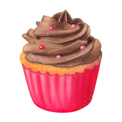 Vanilla cupcake with chocolate cream and pink sugar pills. Muffin in a red package. Watercolor illustration on a white background. Hand drawn. For postcards
