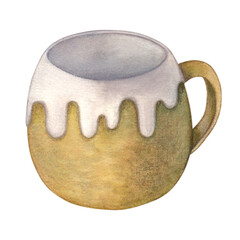 Clay mug in white glaze. Watercolor illustration on a white background. Hand drawn. For postcards