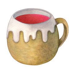 Clay mug with mulled wine in white glaze. Watercolor illustration on a white background. Hand drawn. For postcards