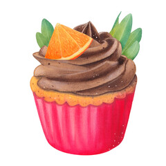 Vanilla cupcake with orange, pistachio sprig and chocolate cream. Muffin in a red package. Watercolor illustration on a white background. Hand drawn. For postcards