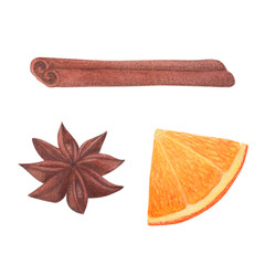 Orange, cinnamon and star anise. Watercolor illustration on a white background. Hand drawn. For postcards
