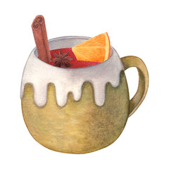 Clay mug with mulled wine, in white glaze. Orange, cinnamon and star anise. Watercolor illustration on a white background. Hand drawn. For postcards