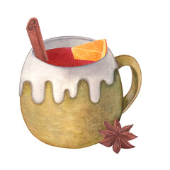 Clay mug with mulled wine, in white glaze. Orange, cinnamon and star anise. Watercolor illustration on a white background. Hand drawn. For postcards