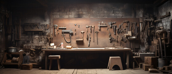 Workshop scene. Old tools hanging on wall in workshop