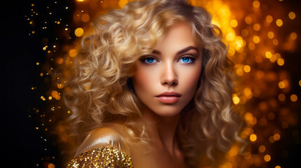 beauty blond young woman with curly hair on golden glitter background. hairstyle concept. free space