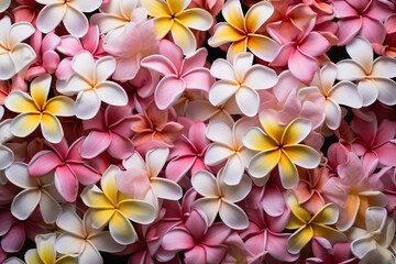 A beautiful backdrop of fragrant plumeria flowers. Generative AI - obrazy, fototapety, plakaty