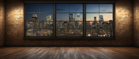 Urban Loft Space with Skyline City View through Windows at Sunset