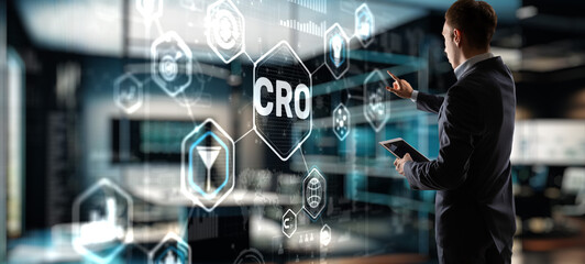Conversion rate optimization on virtual screen. CRO concept and lead generation 2023
