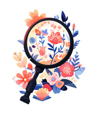 Magnifying glass with flowers and leaves. Vector illustration in cartoon style