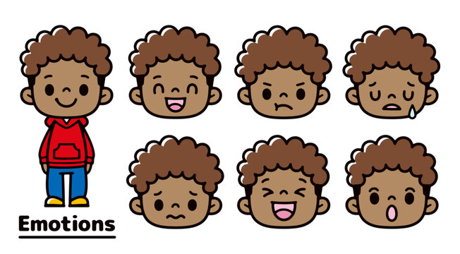 Set of illustrations of black boys with various expressions