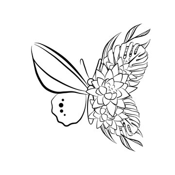 Linear butterfly wing with wild tropical flowers. Beautiful hand drawn vector illustration. T-shirt print template. Coloring antistress page.