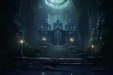 Fotobehang Bedehuis A mystical temple from a popular video game, emanating an eerie and ethereal atmosphere. Generative AI