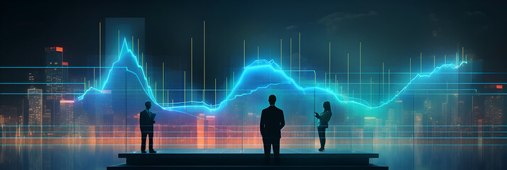 Business investment and financing, business people working together to collaborate and evaluate data from social network sites, company development goals, and economic graph growth charts. Neon effect