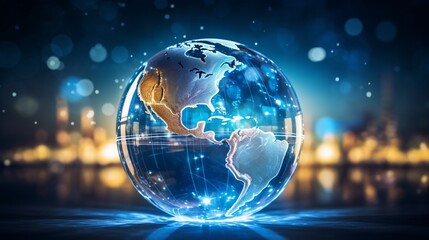 Capture a stunning picture of a glass globe surrounded by a holographic representation of Earth, with renewable energy installations superimposed on continents, emphasizing global clean energy solutio - obrazy, fototapety, plakaty