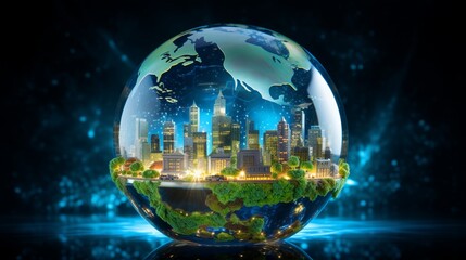 Capture a stunning picture of a glass globe surrounded by a holographic representation of Earth, with renewable energy installations superimposed on continents, emphasizing global clean energy solutio