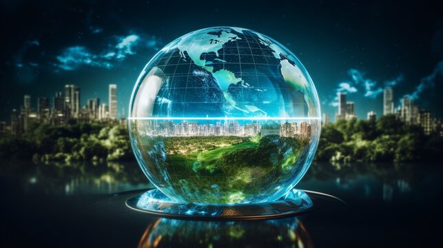 Capture a stunning picture of a glass globe surrounded by a holographic representation of Earth, with renewable energy installations superimposed on continents, emphasizing global clean energy solutio