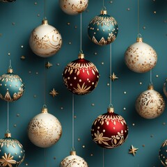 seamless pattern of Christmas tree balls on a dark blue green background.pattern for wrapping paper or wallpaper. 