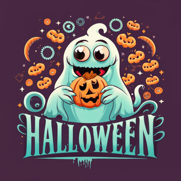 Lindo fantasma comendo um biscoito em formato de abobora, com varios biscoitos ao lado, arte de halloween cores roxas, brancas e laranja vermelho tamb&eacute;m