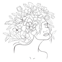 Line Art Pretty Women with Flowers. Vector Illustration.