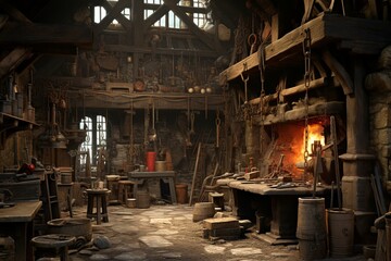 Old blacksmith workshop with anvil and diverse tools. Generative AI - obrazy, fototapety, plakaty