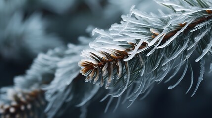 Naklejka na ściany i meble Pine tree branches are covered with frost, nature winter natural dark background, snow-covered coniferous needles close-up, soft focus, bokeh and copy space