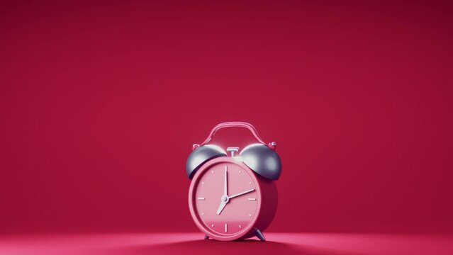 Abstract loop 3d animation of ringing red alarm clock on red background
