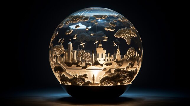Capture a stunning picture of a glass globe with intricate patterns of renewable energy symbols engraved on its surface, emphasizing the importance of clean power