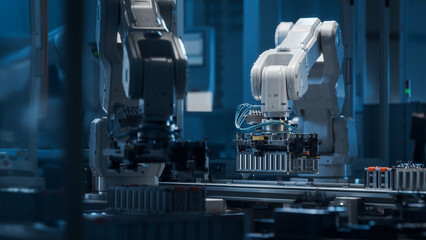 Modern EV Factory. On Automated Production Line Robot Arms Transporting Automotive Battery Modules...