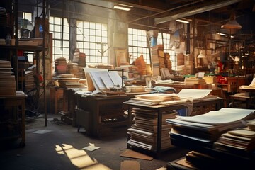 Interior of a print shop with sheets of paper. Generative AI