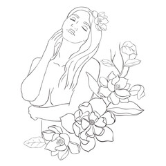 Fototapeta na wymiar Line Art Pretty Women with Flowers. Vector Illustration.