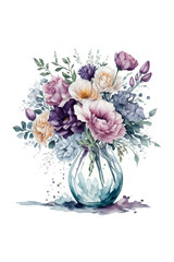 Vase of flowers clipart white background scattered water color, scattered watercolor, has shadow, there are random pastel colors on each flower, AI generative image