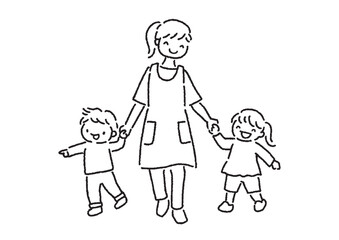 Illustration of a woman cheerfully holding hands with two children (nursery teacher and kindergartener)
二人の子供と朗らかに手をつなぎながら歩く女性のイラスト（保育士と園児）