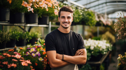A handsome young male florist gardener posing in green





