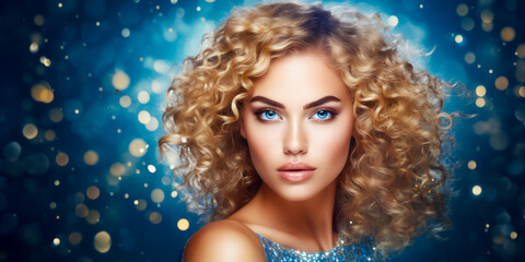 beauty blond woman with curly hair on blue, golden glitter background. hairstyle concept. free space