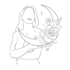 Line Art Pretty Women with Moon and Flowers. Vector Illustration. - 646289597