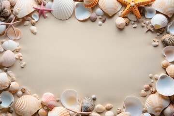 Obraz premium Frame of seashells on the beach. Generative AI.