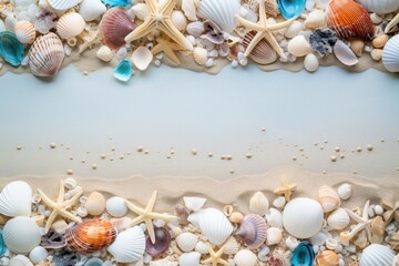 Obraz premium Frame of seashells on the beach. Generative AI.