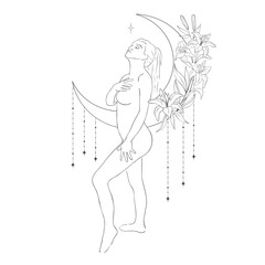 Line Art Pretty Women with Moon and Flowers. Vector Illustration.