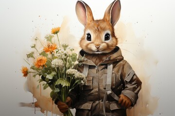 Cute rabbit in a jacket holding flowers in his paw. Illustration. Generative AI