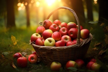 A basket of apples in the garden