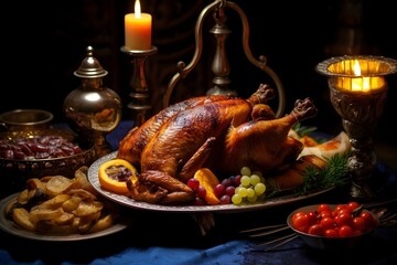 Baked turkey in the table, roasted turkey