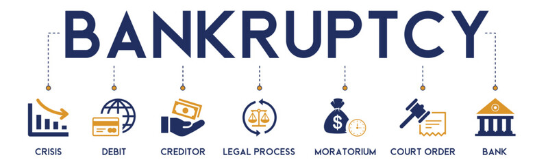 Bankruptcy banner website icon vector illustration concept with icon of crisis, debt, creditor, legal process, moratorium, court order, and bank on white background