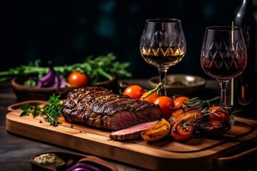 Succulent thick juicy portions of grilled fillet steak served with glass of wine, tomatoes and roast vegetables on an old wooden board