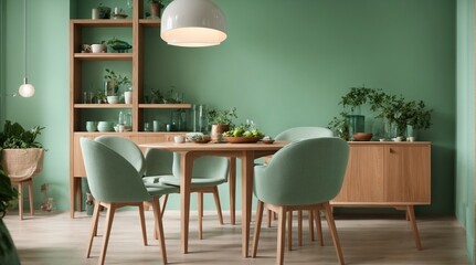 In a room with a sofa and a cabinet and a green wall, there are mint-colored chairs at a round wooden dining table. modern living room interior design in a home