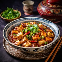 Chinese traditional food Mapo Tofu with parsley and cilantro, hot pepper on dark wooden background